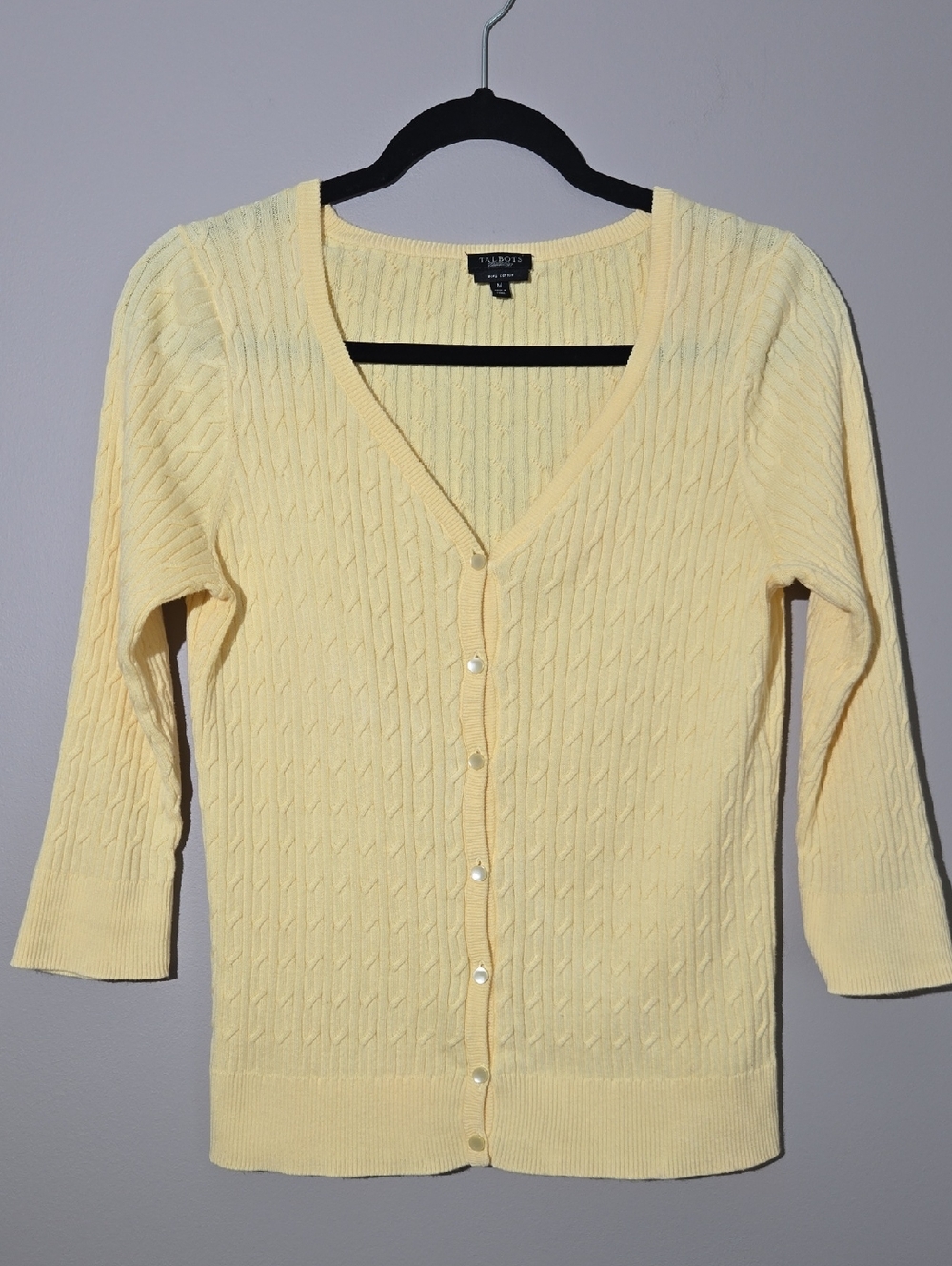 Talbots Pale Yellow Cable Knit Button-Front Cardigan Preppy Pima Cotton